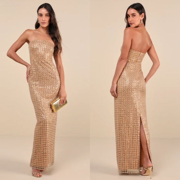 Lulus Perfectly Luxurious Tan Pearl Strapless Maxi Dress S Wedding Party Prom - Picture 1 of 8